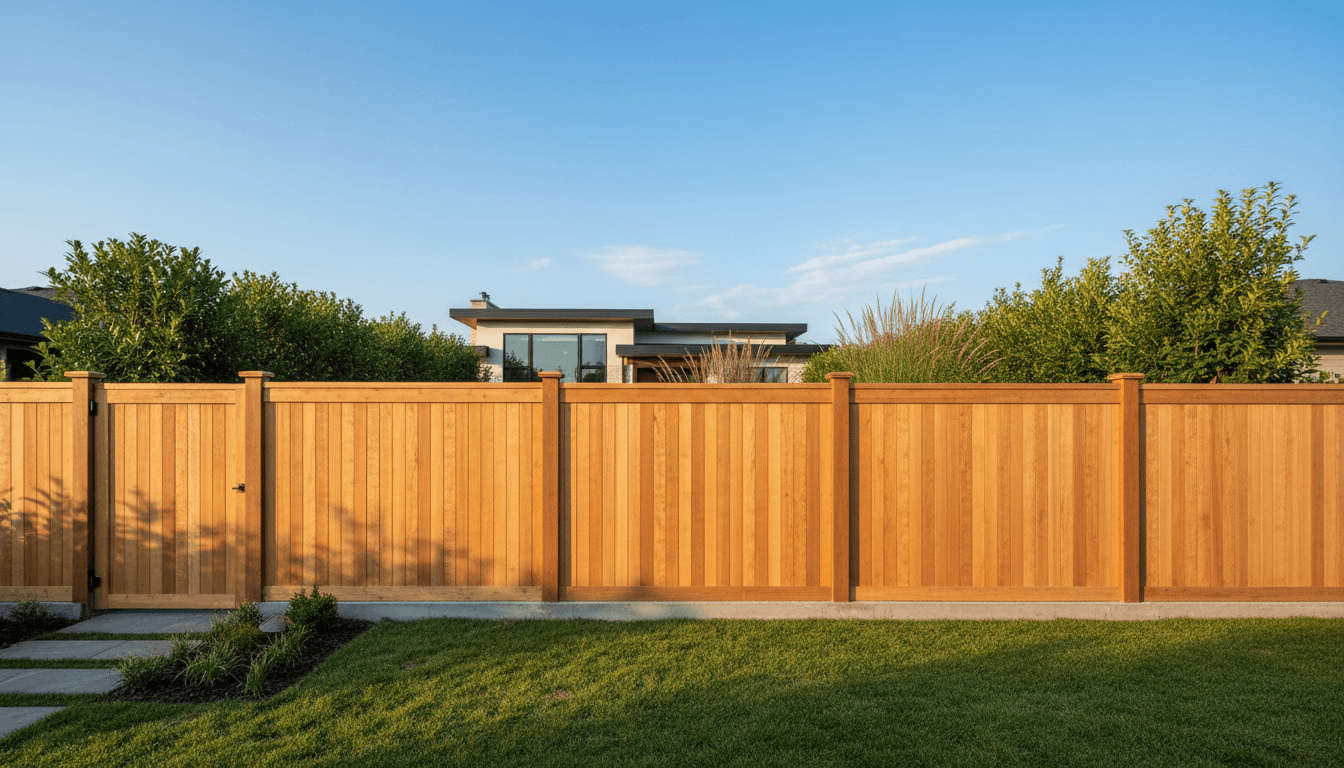 Newly installed wooden privacy fence extending across residential property in golden-hour light with home visible in background