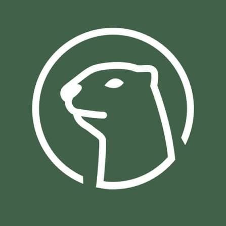 White outline of a marmot head inside a white circle on a dark green background.